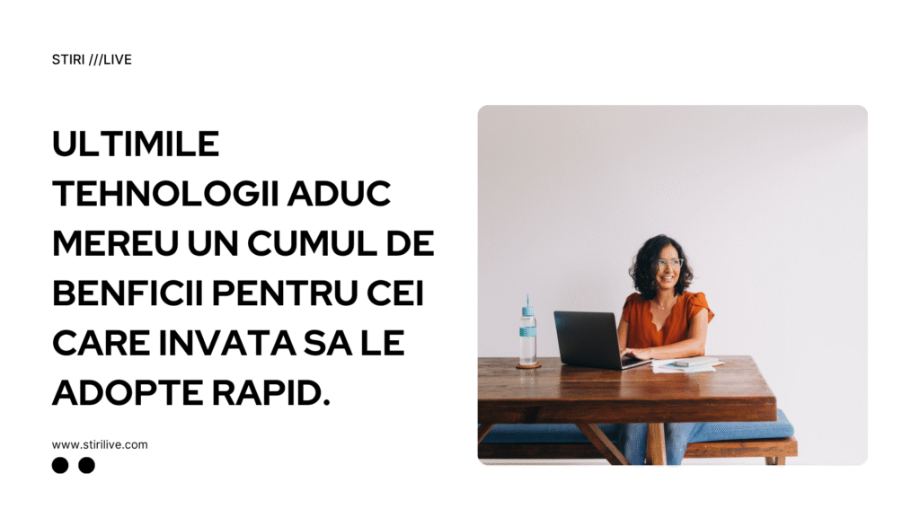 Femeie tânără zâmbind la un birou modern cu laptop deschis și sticlă de apă, simbolizând adoptarea rapidă a tehnologiilor pentru beneficii în contextul inovațiilor din 2025.