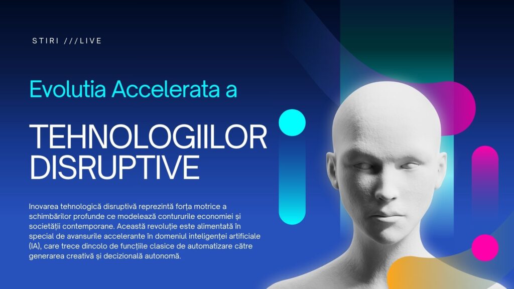 O reprezentare minimalista digitala cu o figura feminina stilizata, cu capul abstract si contururi geometrice in tonuri de albastru si portocaliu, ilustrand progresele in inteligenta artificiala si automatizarea tehnologica.