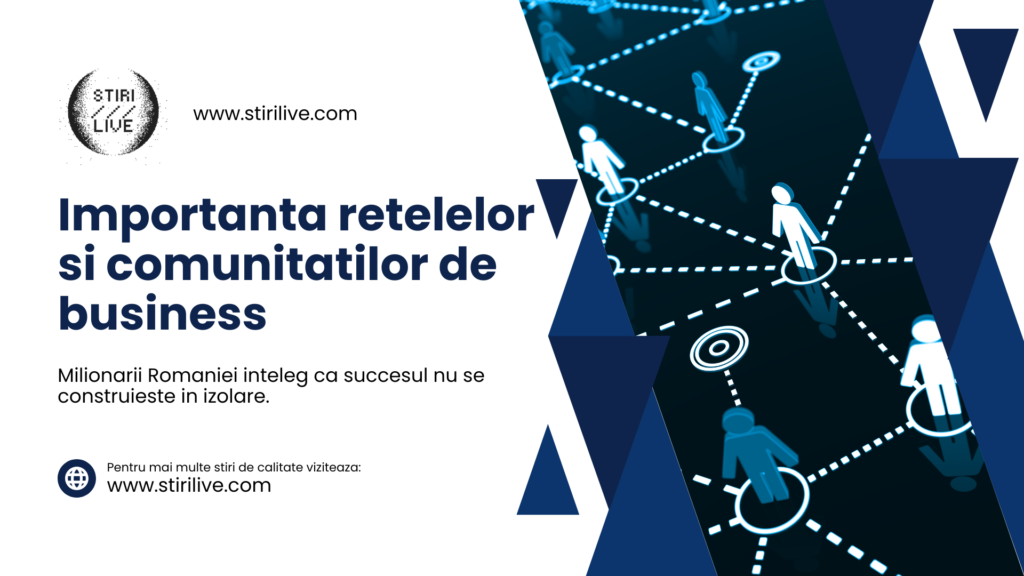 Ilustratie grafica reprezentand retele de oameni interconectati pe fundal albastru cu textul Importanta retelelor si comunitatilor de business si mesajul ca milionarii Romaniei inteleg ca succesul nu se construieste in izolare